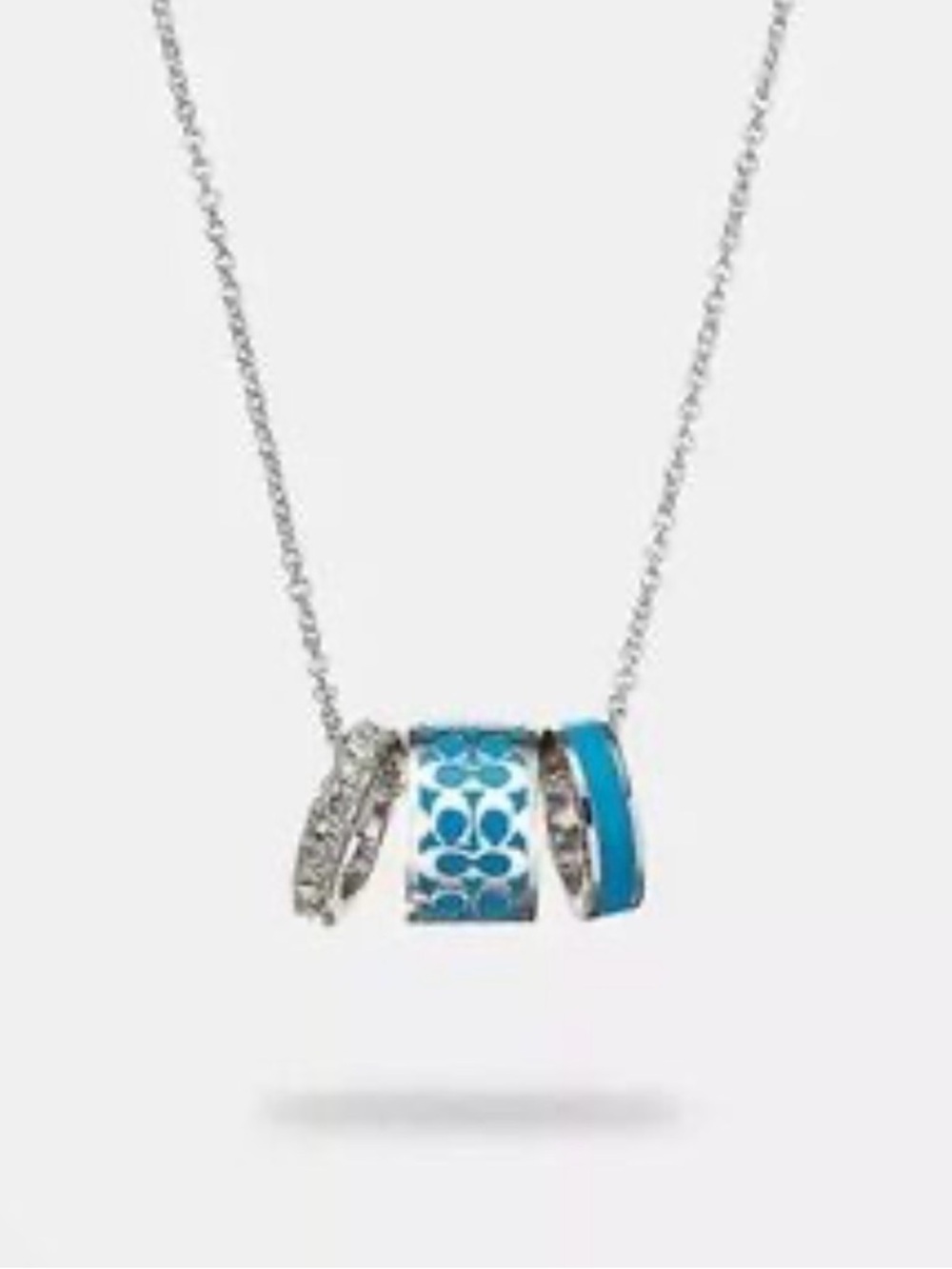 Coach 18” Silver Necklace with 3 Turquoise Blue Enamel Barrel/Ring  Charms - Picture 3 of 7